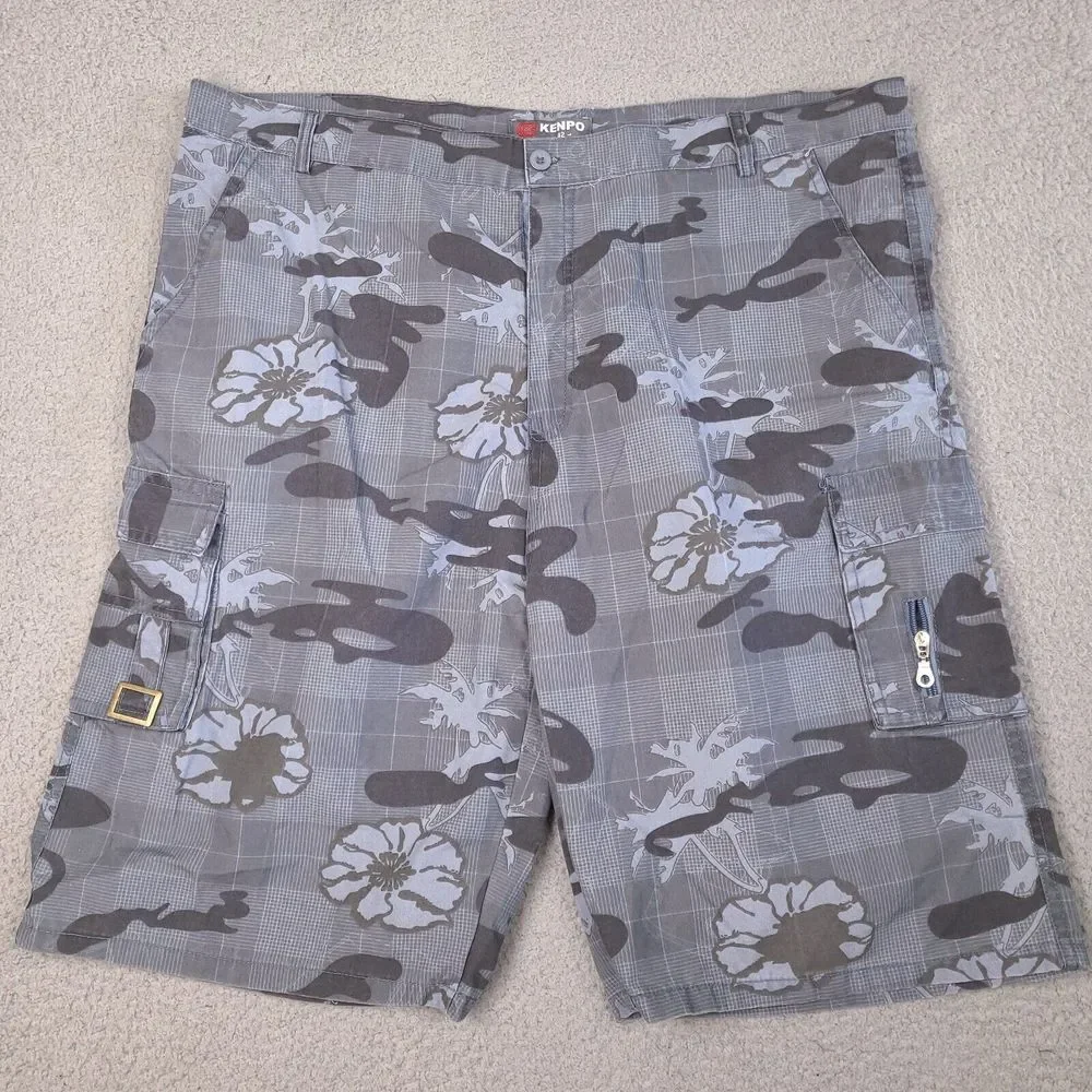 Kenpo Cargo Shorts Mens 42 Blue Camo Floral‎ Plaid Hawaiian